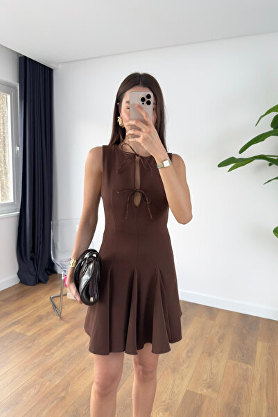 My Blog Brown Flounce Dress with Lace-Up Collar - 2Y251049