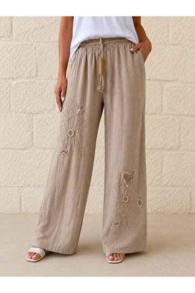 AGORATEKSTİL Women's Elastic Waist Cotton Linen Fabric Embossed Mesh Detailed...