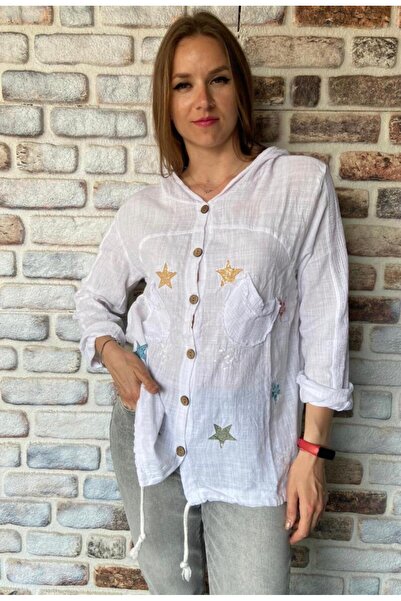 AGORATEKSTİL Women's Hooded Long Sleeve Cotton Shirt with Star and Mesh Pocke...