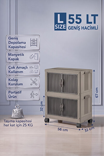 EVLE Katlanabilir 2 Katlı "Large" 55 LT Tekerlekli Manyetik Kapaklı Portatif ...