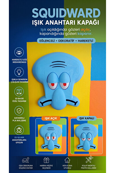 Squidward Işık Anahtarı Kapağı Hareketli Gözler Işık Açma Kapatma Aparatı 3D Baskı