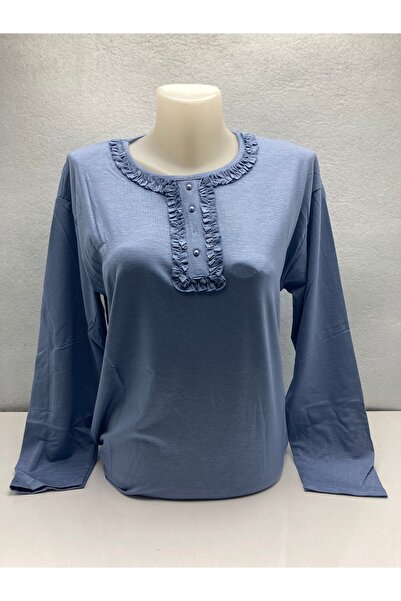 LÜKS MİRAYDA Light Blue Self-Ruffled Lace Patterned Stoned Lycra Summer Regul...