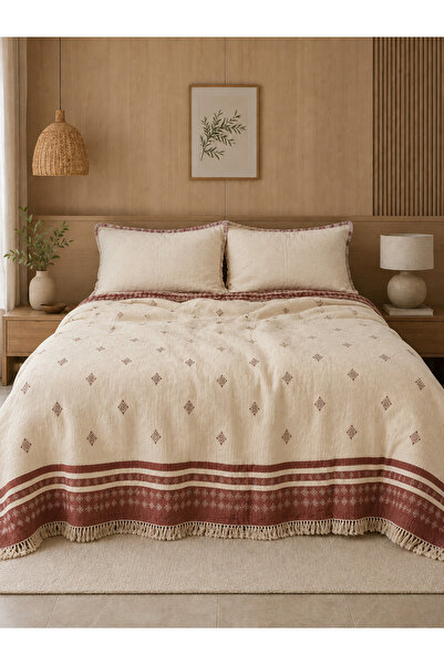 VERONİCA LİNE Muslin Filled Bohemian Bedspread 240X260 Double Size with Tasse...