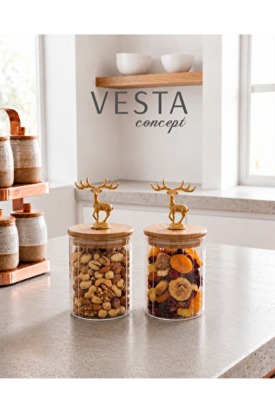 VESTA Concept Glass Jar with Deer Lid and Airtight Natural Bamboo Lid - Set o...