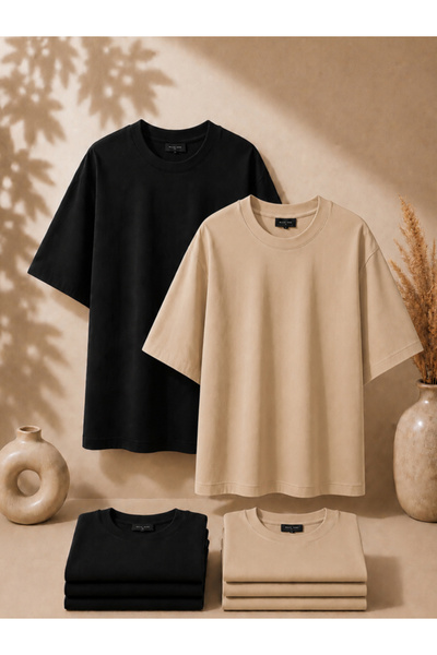 MİLANDORE 2-Pack Unisex Black-Beige Oversize T-Shirt Set - Crew Neck Basic T-...