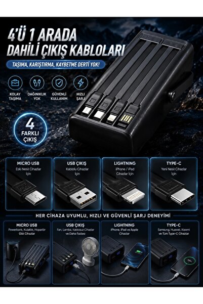 kawigo 30000mAh Powerbank Dahili Kablolu 22.5W Hızlı Şarj Taşınabilir Kamp Lambalı Powerbank LED Fener Type-C PD Power Bank Tüm Modellerle Uyumlu Powerbank
