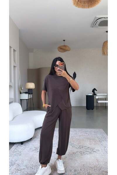 Buket Teke Brown Patchwork Stitched Top and Bottom Set with Elasticated Legs