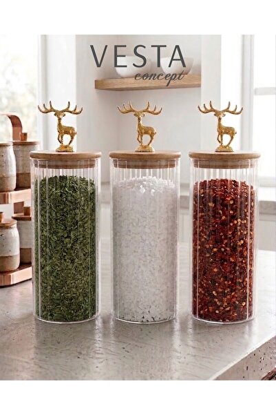 VESTA Concept Bamboo Leak-Proof Glass Spice Jar with Deer Lid, 3-Piece Storag...