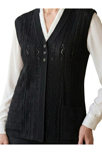tiriTEK TRİKO Seasonal Women's Knitwear Vest with Buttons and Pockets / Black