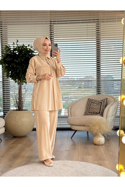 Etrucci 8061 Half-Pocket and Pocket Detailed Trouser Suit Beige