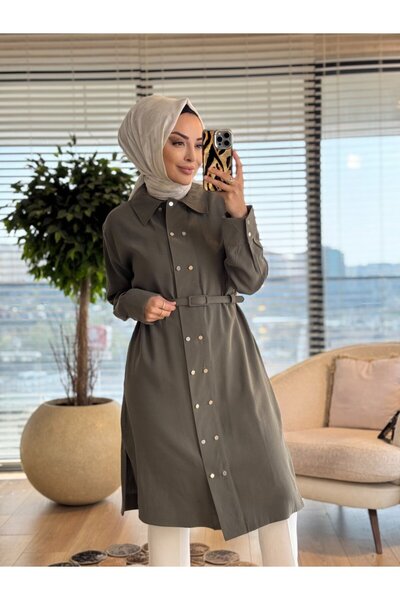 ALANURMODA 7522 Front Two-Row Metal Buttoned Long Tunic Khaki