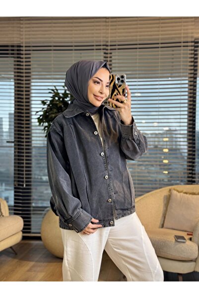 ALANURMODA 7458 Pleated Shoulder Detail Denim Jacket Gray