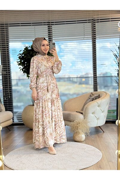 Merwishop MRW1244 فستان مزين بأزرار أمامية من فرو المنك