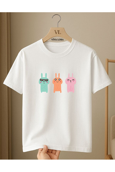 VİVA LORA تي شيرت أبيض عادي للجنسين مطبوع عليه MINI RABBITS مصنوع من القطن بن...