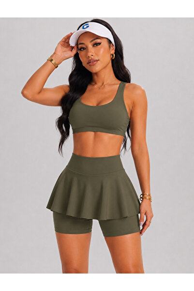 MAROVOAY Women's High Waist Inner Leggings Mini Sport Skirt-Crop 2 Piece Set