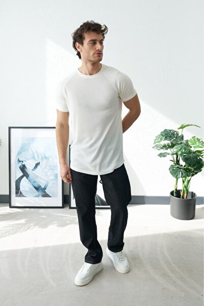 duo fideles Men's Raglan Sleeve Textured Crew Neck T-Shirt