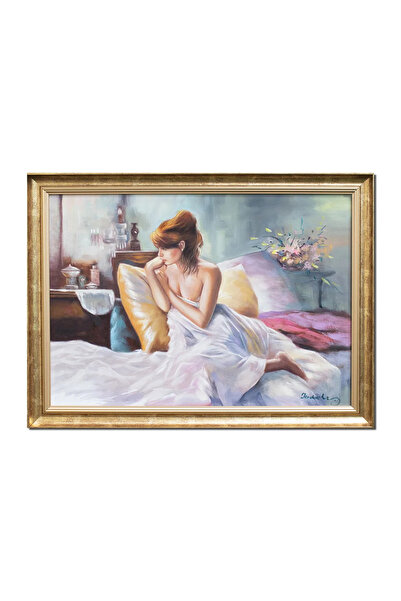 artnova Ръчно рисувана рамкирана картина на млада жена на диван, Мисля за теб...