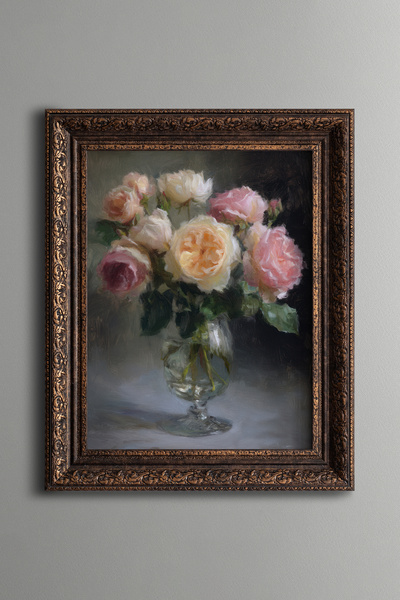 epiqart Roses in a Vase – Vintage Patterned Painting – Thick Model