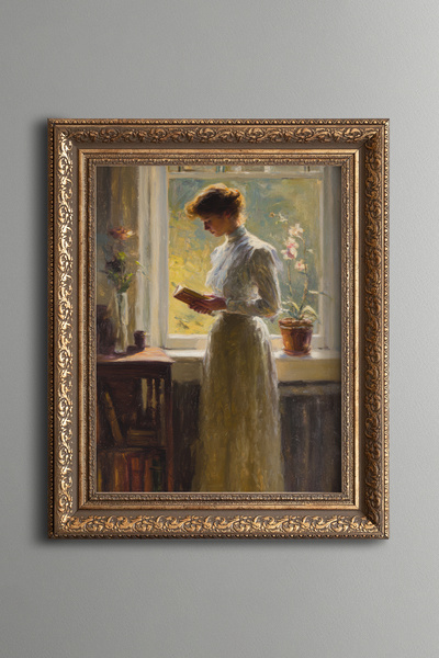 epiqart Woman Reading a Book in Front of the Window – Vintage Patterned Paint...