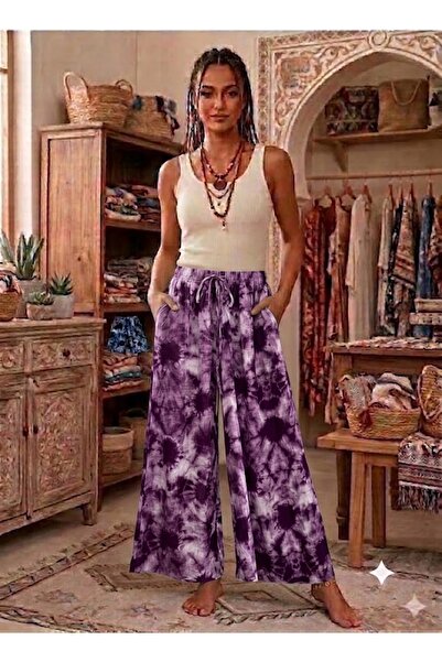 AYASOFYA OTANTIK Women's Multi-Colored Wide-Legged 100% Viscose Trousers with...