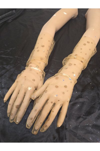 Qrsln Sabrına Plus Patterned Sparkling Short Gloves in Nude Color