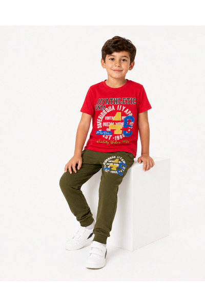 MADE Boy's Clothing Set Red T-Shirt and Olive Green Trousers