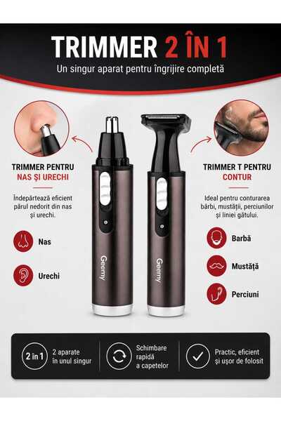 Geemy Trimmer 2 în 1 GM-3112, Reîncărcabil, pentru Nas, Urechi și Contur Barb...