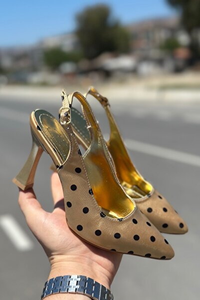 topuksarayı Milano Women's Gold Polka Dot Pointed Toe Slingback Stylish High ...