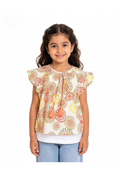 MADE Girls' Colorful Circle Pattern Printed Blouse with Ruffle Sleeves