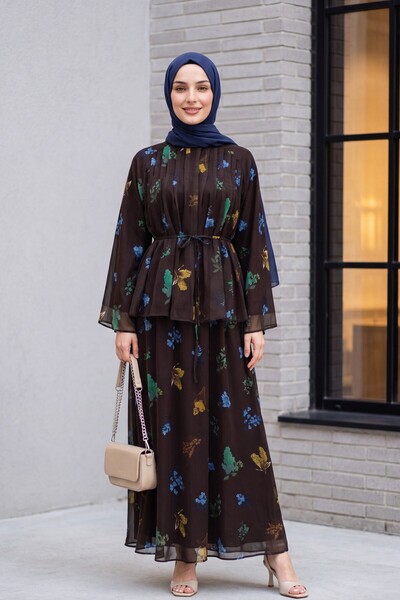 Modamorfo Spanish Sleeve Lined Belted Floral Patterned Skirted Chiffon Suit -...