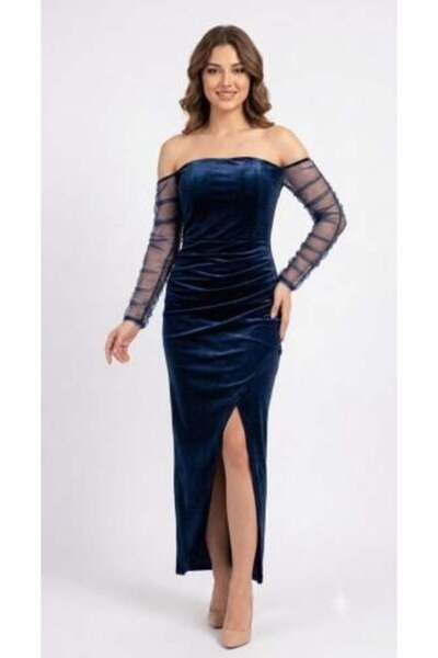 unbranded Women's Navy Blue Velvet Off-Shoulder Evening Dress with Sheer Long...