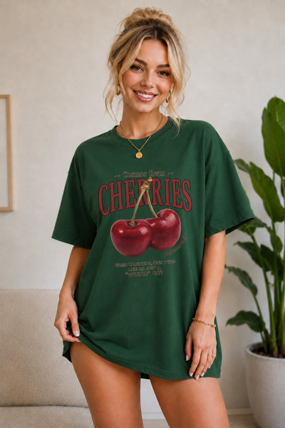 FECCY Premium Cheries Unisex Oversize Women's T-Shirt Cotton Oversize T-Shirt