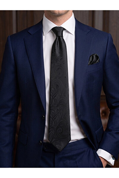 Gutiero Black Patterned Classic Tie with Handkerchief
