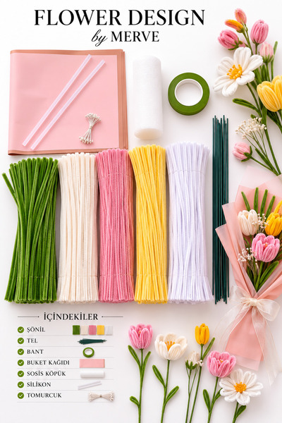 Flower desıgn by Merve Lale Şönil Çiçek Yapım Seti 250 Adet Şönil (50 Yeşil, ...