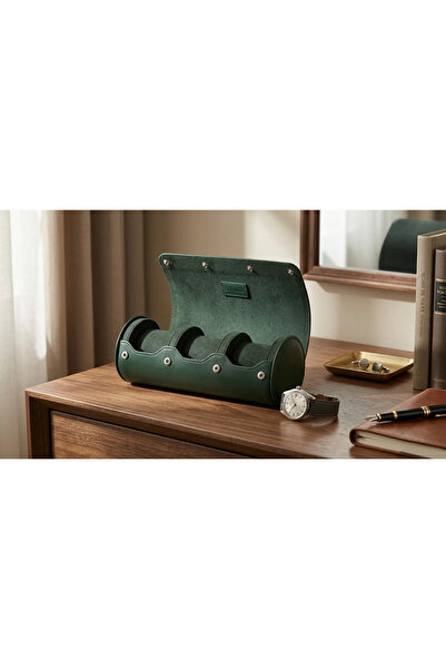Dorvina Premium Green Leather 3-Roll Watch Box |   Luxury Travel Type Watch C...