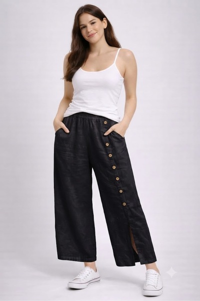 AYASOFYA OTANTIK Women's Italian Black Elastic Waist Plain Pattern Button Det...