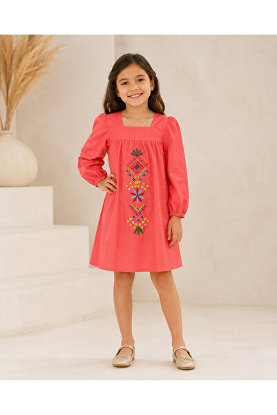 Generic Girls Coral Embroidered Dress with Puff Sleeves, Ages 8-14 | Square N...