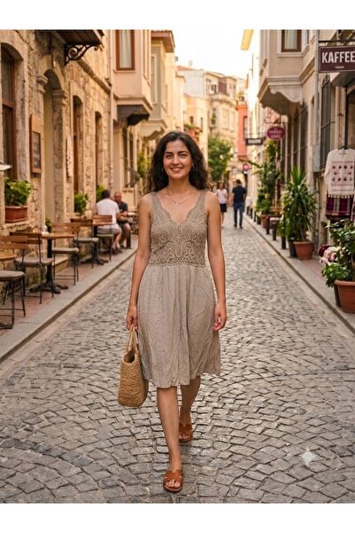 AYASOFYA OTANTIK Women's Italian Mink Strap Lace Detailed Lined Viscose Midi ...
