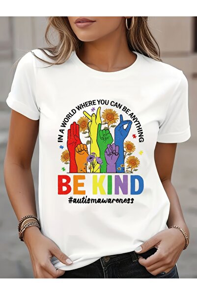 NOURAM تي شيرت نسائي للتوحد - تي شيرت برسومات "Be Kind" مع تصميم قبضات يد ملو...