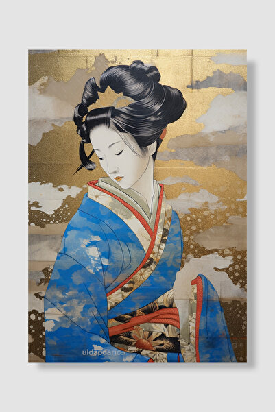 Luna Marissa Japanski poster gejše, plavi kimono, pozadina od zlatne folije, ...