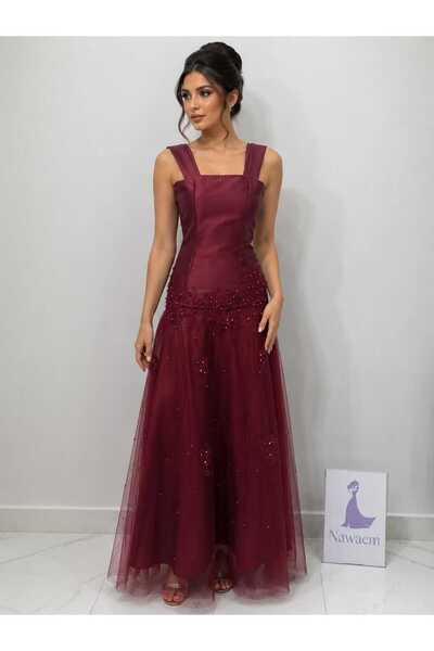 Aurora Satin Evening Gown with Beaded Tulle Overlay