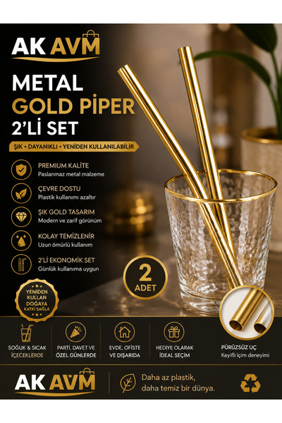 Ak Avm 2'li Gold Metal Pipet Paslanmaz Çelik İçecek Pipeti Tekrar Kullanılabilir