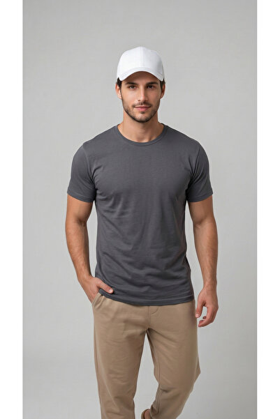 BADESSA Tricou pentru bărbați, cu guler rotund, model complet, culoare afumată