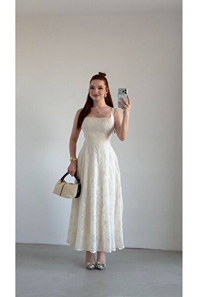 ayşenur Dinçer butik Maried Kare yaka Elbise Ekru