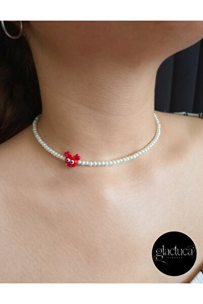 glactuca craft Red Crab Murano Glass and Glass Pearl Steel Necklace |   Handmade
