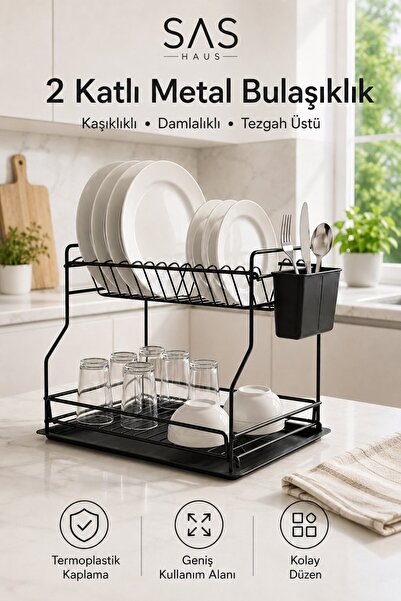 Sas Haus 2 Katlı Metal Bulaşıklık Kaşıklıklı ve Damlalıklı Tezgâh Üstü Bulaşı...