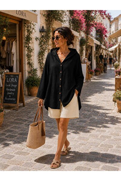MODA Oversıze Müslin Tunik,Kapüşonlu Müslin Tunik,Yıkamalı Müslin Tunik,Kol A...