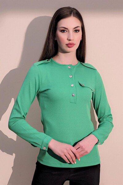 Moda4x4 ملابس نسائية بلوزة خضراء طويلة الأكمام ذات جودة عالية مع شارات وجيوب ...