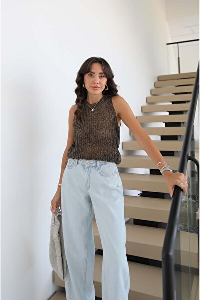 Havoş Brown Vesta Glittery Openwork Knitwear Blouse