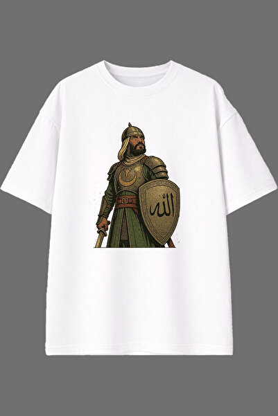 VSRN تي شيرت أبيض كبير الحجم مطبوع من الأمام بتصميم تاريخي للمحاربين